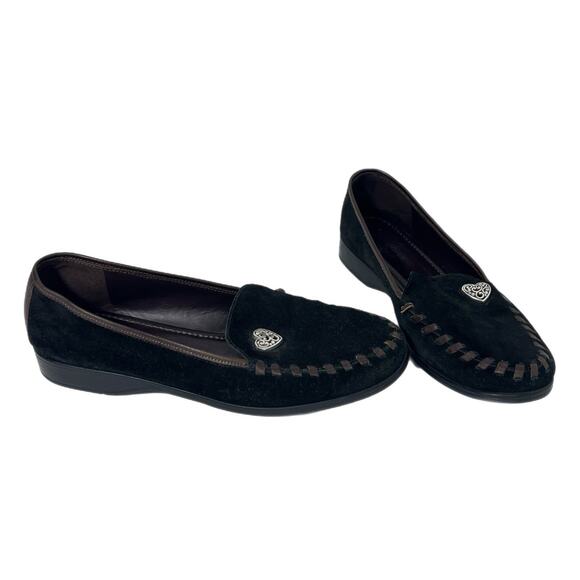 BRIGHTON Memoir Heart Black Suede Brown Whipstitching Loafers - Size 7 - Picture 1 of 9